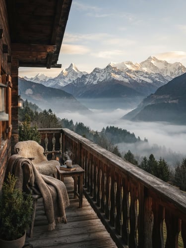 A cozy wooden cottage balcony overlooking mist-covered pine forests and snow-capped Himalayan peaks in morning light