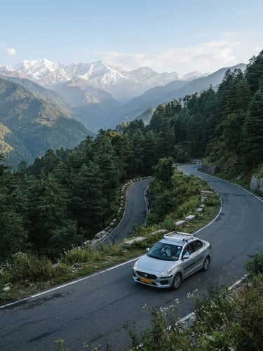 Wide environmental shot of a clean private cab driving along a winding mountain road lined with tall pine trees, majestic snow-capped peaks of Himachal Pradesh in the far background, crisp morning light, 35mm lens