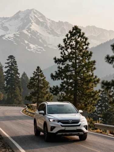 A clean private SUV driving along a winding mountain road lined with tall pine trees in Himachal, soft morning sunlight, majestic peaks in the distance.