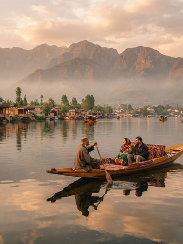 A wooden shikara boat floating on the calm waters of Dal Lake at golden hour, misty mountains in the background, warm natural tones, 35mm lens.