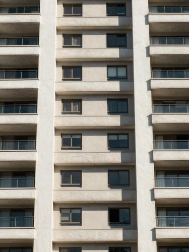 Symmetrical architectural crop of a modern, clean residential building facade in Brazil, bright natural daylight, sharp shadows, prestigious and secure feel.