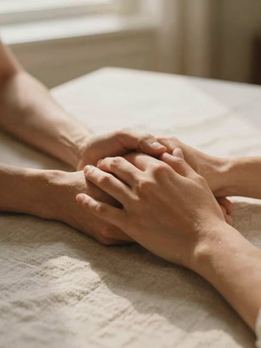 A close-up of hands gently holding hands over a soft linen tablecloth, warm golden-hour lighting, respectful interaction, 35mm