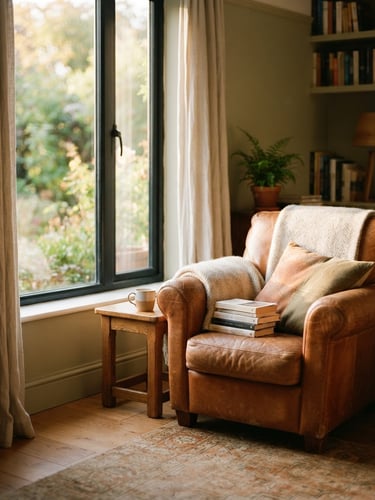 Sunlit domestic living room with a comfortable armchair by a large window, soft natural light, warm golden-hour tones, shallow depth of field, 35mm photography