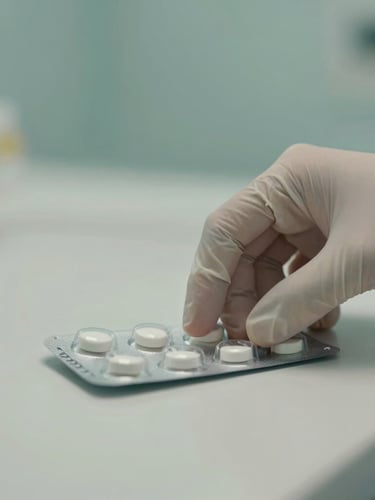 Close-up of a professional medical hand in a sterile glove gently placing a blister pack of medication on a clean, light-colored surface, soft diffused indoor light, calming teal and warm gray tones, shallow depth of field.