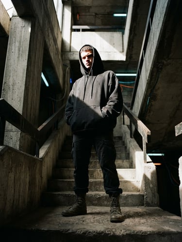 Low-angle shot of a model wearing a heavy black hoodie standing in a brutalist concrete stairwell, harsh shadows, direct sunlight, 35mm film style