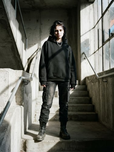 Low-angle gritty urban fashion photography, harsh direct sunlight casting high-contrast shadows on a model standing in a brutalist concrete stairwell wearing a structured black hoodie, 35mm film style.