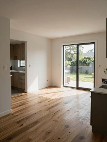 Completed Silver Lake ADU interior — compact open-plan living and kitchen area with engineered oak floors, white walls, mini-split unit visible, large sliding door opening to small private patio, shot wide-angle in morning natural light showing full room scale