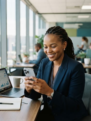 Professional Batswana woman in a modern Gaborone office, smiling confidently while looking at a mobile phone, bright natural daylight, subtle corporate blue and green tones, shallow depth of field, 35mm.