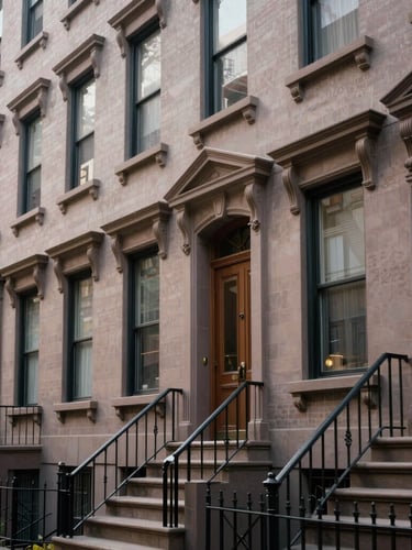 Subtle, high-quality architectural detail of New York brownstones and streetscape under natural, diffused daylight with soft shadows, vertical framing.