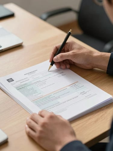 Close-up of hands organizing official Italian tax documents on a clean wooden desk in a bright Rome office, warm natural light.