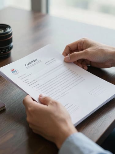 Close-up of professional hands organizing official travel documents and passport applications on a dark wooden desk under natural window light, clean and professional atmosphere.