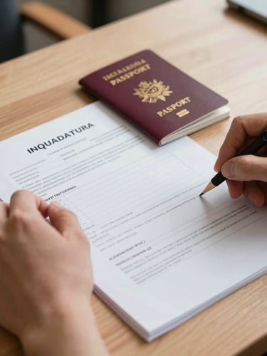 Inquadratura ravvicinata di mani che organizzano documenti ufficiali e passaporti su una scrivania in legno chiaro, illuminata da luce naturale diffusa