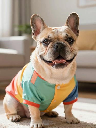 Eye-level portrait of a happy French bulldog wearing a colorful custom-tailored shirt, sitting in a bright sunlit living room, warm editorial pet photography style