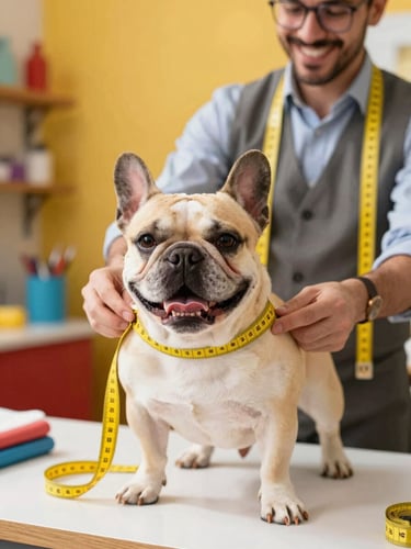 A happy French Bulldog being measured with a yellow tape measure by a smiling tailor in a bright, colorful workshop in Celaya, warm natural daylight, 35mm lens