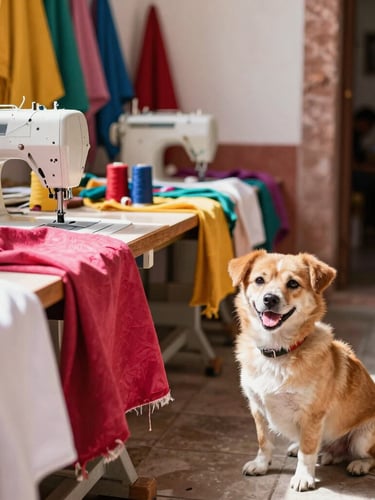 A warm, sunlit family workshop in Celaya, Guanajuato, with colorful fabrics, sewing machines, and a happy small dog sitting nearby