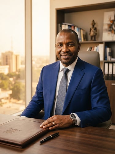 Professional corporate portrait of a Chadian financial leader in a modern office, warm natural daylight, deep royal blue suit, confident editorial framing