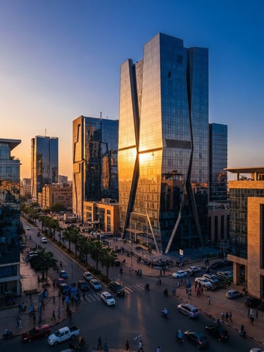 An elegant architectural view of N'Djamena's modern business district, warm golden hour sunlight reflecting off glass facades, deep royal blue shadows, premium editorial photography style.