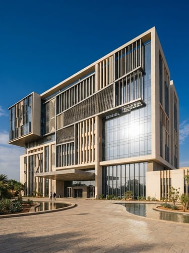 Premium editorial photography of modern corporate architecture in N'Djamena, bright natural daylight with warm golden undertones, deep royal blue sky, clean minimalist composition, 35mm lens.