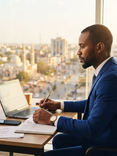 Portrait de profil d'un expert financier tchadien en costume, travaillant dans un bureau lumineux à N'Djamena, arrière-plan flou de la ville, lumière dorée du matin.