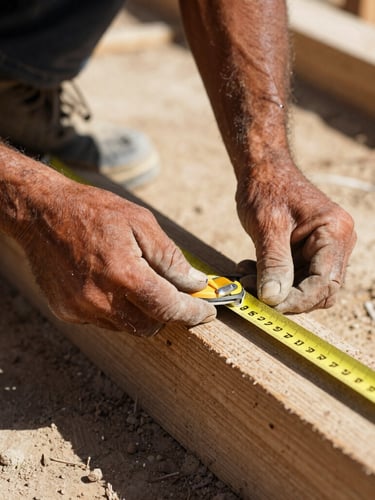 Close-up of a construction worker's weathered hands holding a measuring tape on a dusty wooden beam, harsh Southern California sunlight, high-contrast shadows.