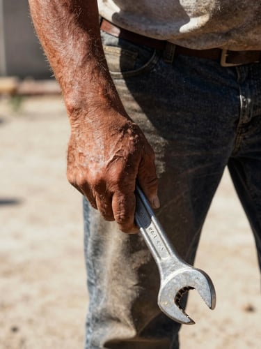 Close-up of a construction worker's weathered hands holding a heavy steel wrench, harsh Southern California sunlight, high-contrast, gritty 35mm documentary style.