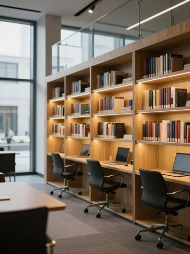 Sleek corporate library and modern study space, cool daylight with warm gold ambient light, sharp focus, 35mm