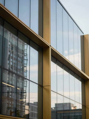 Sleek corporate office interior with architectural gold lines, cool daylight reflecting off glass partitions, sharp 35mm focus