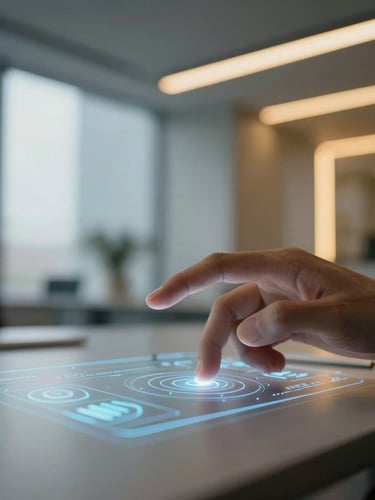 Sleek corporate workspace, macro shot of a hand interacting with a glowing digital interface, cool daylight mixed with warm gold ambient light, sharp focus, 35mm