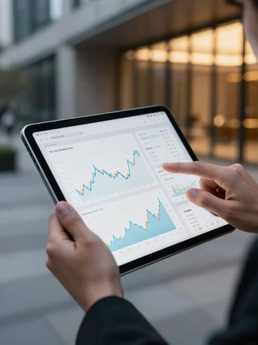 Sleek corporate photography of hands interacting with a high-end digital tablet displaying clean financial charts, cool daylight with warm gold ambient light, sharp focus, 35mm