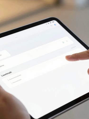Close-up of hands interacting with a high-end digital tablet showing clean educational interfaces, warm gold ambient light, sharp focus, 35mm