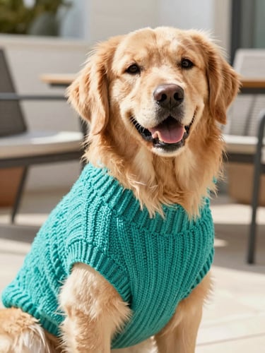Eye-level portrait of a happy Golden Retriever wearing a vibrant teal handmade knit sweater, sitting comfortably on a sunny patio, soft natural daylight, shallow depth of field.