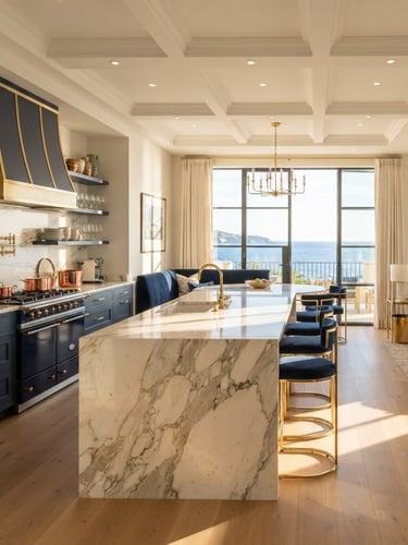 Wide shot of a pristine architectural interior, sunlight reflecting off immaculate marble countertops, with subtle gold accents, luxury architectural photography, bright warm coastal daylight, deep navy and gold accents, high-end editorial, 35mm