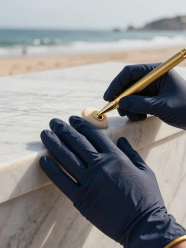 Close-up of a specialist's gloved hands gently polishing a section of antique marble, warm coastal daylight, deep navy and gold accents, high-end editorial, focusing on the delicate touch and pristine result, portrait aspect.