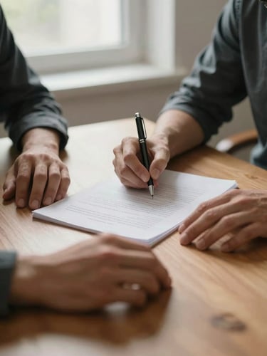 Two pairs of hands resting on a shared table, one set holding a pen over an open document, diffused indoor light from a nearby window, slight warmth in the tone, the moment just before a response — intimacy without staging