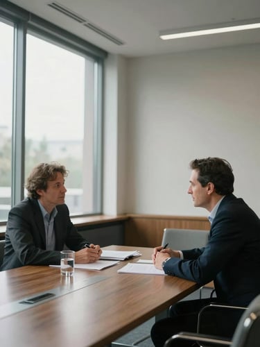 Wide interior of a meeting room where two people are in quiet conversation across a table, diffused daylight from tall windows on the left, documents and a glass of water on the table, attentive posture — the pause between speaking and responding