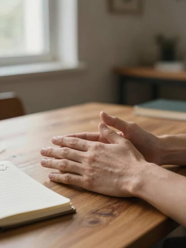 Close view of a person's hands resting open on a wooden table, natural window light falling softly from the left, a notebook with handwritten notes partially visible at the edge, quiet interior background slightly out of focus — moment of reflection before action