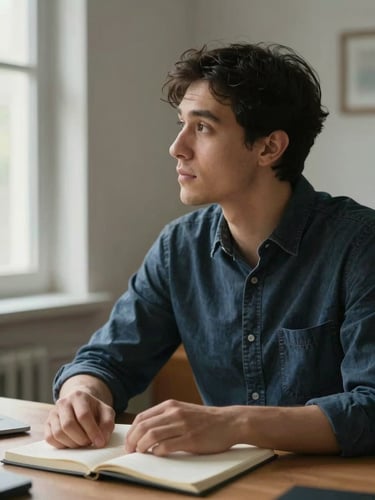 Close portrait of a person seated at a desk, face turned slightly away in genuine thought, natural window light falling softly from the left, hands resting open on a notebook, no eye contact with camera — the stillness of attention before a decision