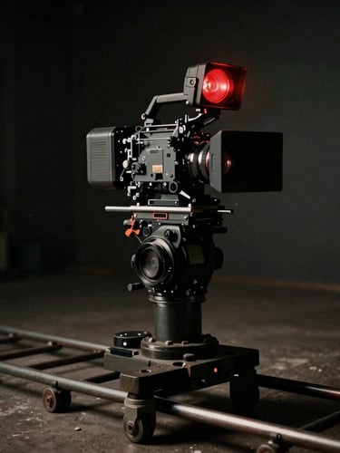 Cinematic film photography of a high-end cinema camera on a dolly track, moody low-key studio lighting, deep shadows, red tally light glowing, 35mm anamorphic lens.