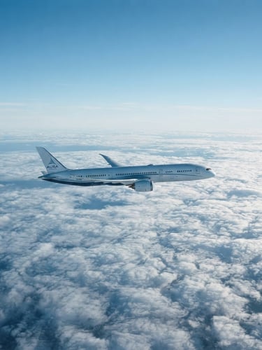 Sleek commercial jet aircraft flying high above crisp morning clouds, cool blue sky, premium editorial travel photography, 35mm