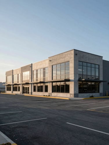 Wide-angle view of a completed commercial building exterior in flat afternoon daylight, concrete and glass facade, empty parking lot in foreground, low horizon, no people