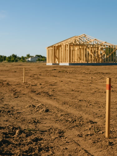 Wide daylight photograph of a cleared residential land plot with survey stakes visible in the foreground, a partially framed structure in the mid-ground, and open sky above—morning light, no people, grounded documentary framing