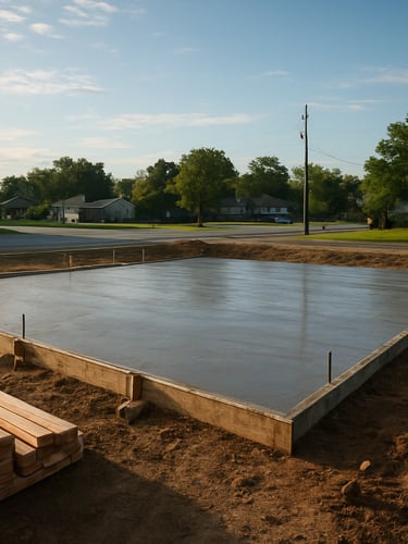 Wide documentary shot of a residential construction site in morning daylight, concrete foundation slab poured and curing, framing lumber stacked at left edge, open sky above, suburban street context visible in background