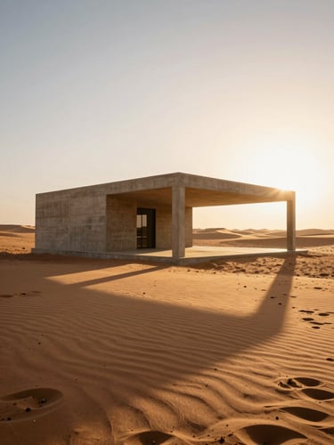 Extreme wide-angle architectural shot of a minimalist monolithic concrete pavilion in the Sahel, casting long geometric shadows on warm desert sand, golden hour lighting.