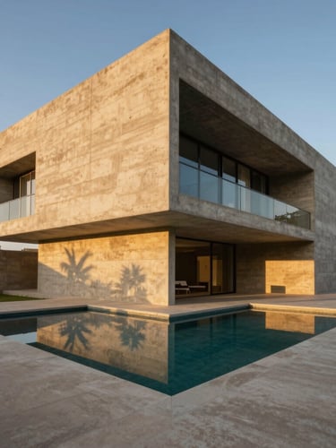 Extreme wide-angle shot of a monolithic concrete villa in Dakar at golden hour, deep architectural shadows cast on textured sand-colored plaster, minimalist pool reflecting the sky.