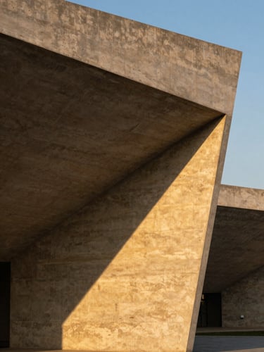 Monolithic concrete structure with dramatic geometric shadows cast on textured warm plaster, extreme wide-angle architectural crop, high-contrast golden hour lighting.