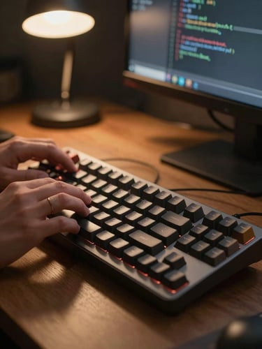 Close-up of hands on a mechanical keyboard in a dimly lit home office, a single desk lamp casting warm amber light across the keys, a code editor glowing on a monitor in the soft background — natural work-in-progress framing, no posed elements