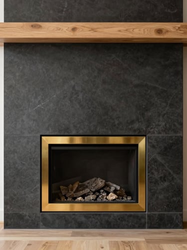 Straight-on architectural detail shot of a custom minimalist fireplace, seamless brass inlay between dark stone and light oak, soft daylight