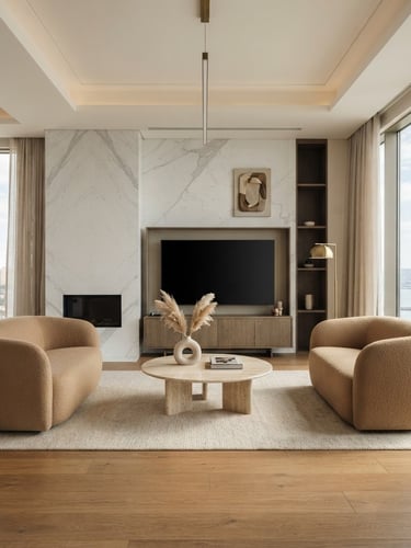 Symmetrical architectural shot of a luxury modern Baku apartment living room, warm sand tones, oak wood flooring meeting white marble wall panel with perfect precision, soft daylight, 35mm lens