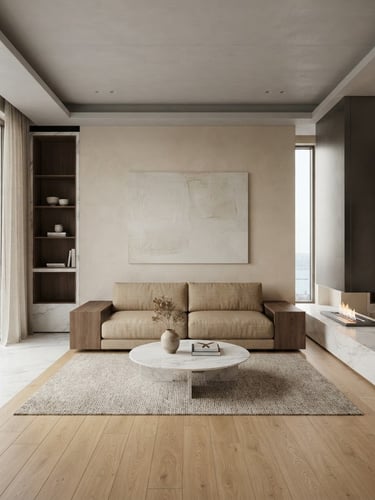 Symmetrical straight-on architectural photography of a modern minimalist living room in Baku, soft natural daylight, wood and marble material transitions, 35mm lens