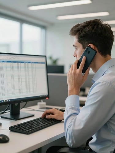 Medium shot from desk level, a sales rep in a plain office shirt focused on a phone call, one hand on a keyboard, monitor screen with rows of contact data visible in background, mixed overhead fluorescent and window daylight, no studio setup